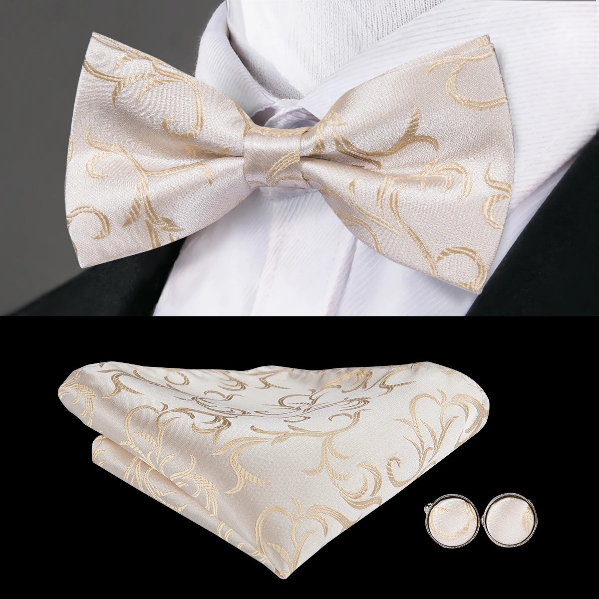 Hi-Tie 60 Color Classic Bow Ties for Men Silk Butterfly Pre-Tied Male Bowtie Pocket Square Cufflinks Set Jacquard Paisley Floral