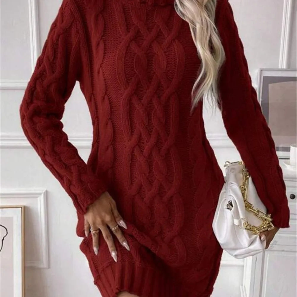 M&T Wear - Simple Slim-Fit High-Neck Mini Sweater Dress