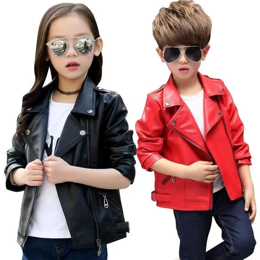 M&T Wear -  faux leather Jacket Children PU Coat Long Sleeve Zip Belt Locomotive Jacket Stylish Teen Kids Boys Jackets