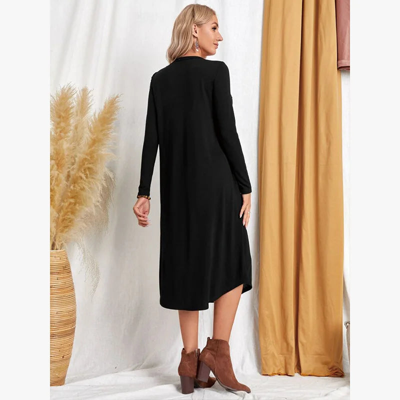 Women's 2025 Fall Winter Knit Dress - Solid Color Swing Dress with Side Pockets, Casual A-Line Tunic Dress