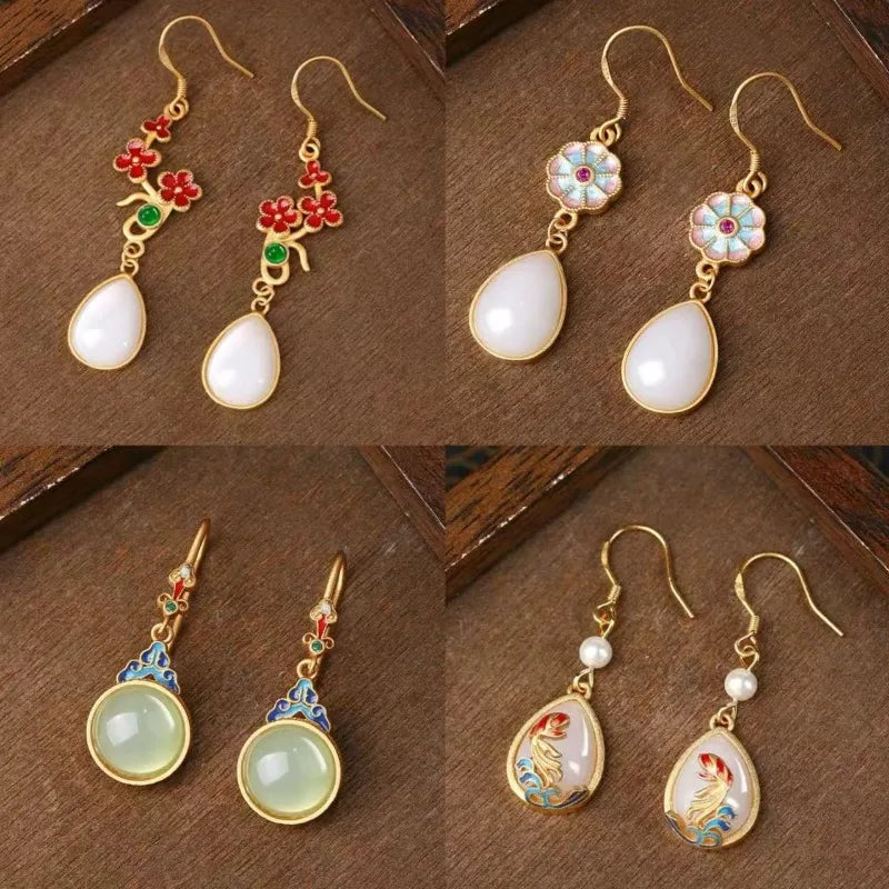 M&T Wear - Vintage Gilded Enamel Water-Drop Jade Earrings