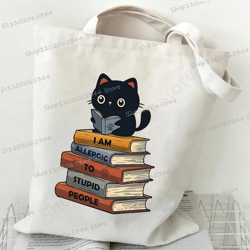 M&T Wear - Women’s Meme Cat Canvas Tote Bag | Funny Cartoon Shoulder Bag