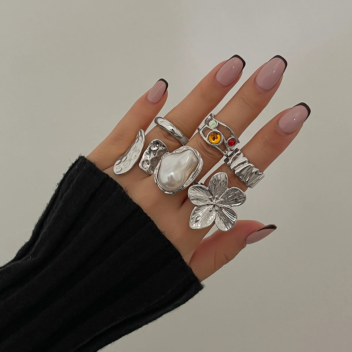 M&T Wear - Irregular Metal Flower & Pearl Ring Set for Women