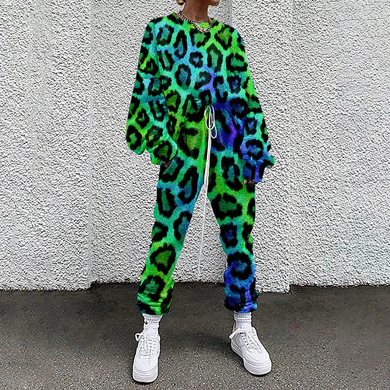 M&T Wear - Women Tracksuit Hipster Street Style Colorful Leopard Printed Casual Full Sleeve O Neck Sweatshirt + Drawstring Pants Two-pieces