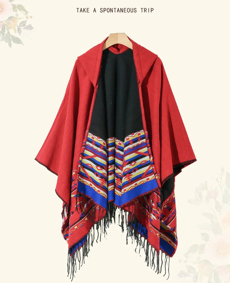 M&T Wear - Winter New Bohemian Shawl Men Ponchos Cashmere Blend Cape Coat Fringe Poncho Vintage Tassel Scarf Hooded Wraps Outwear