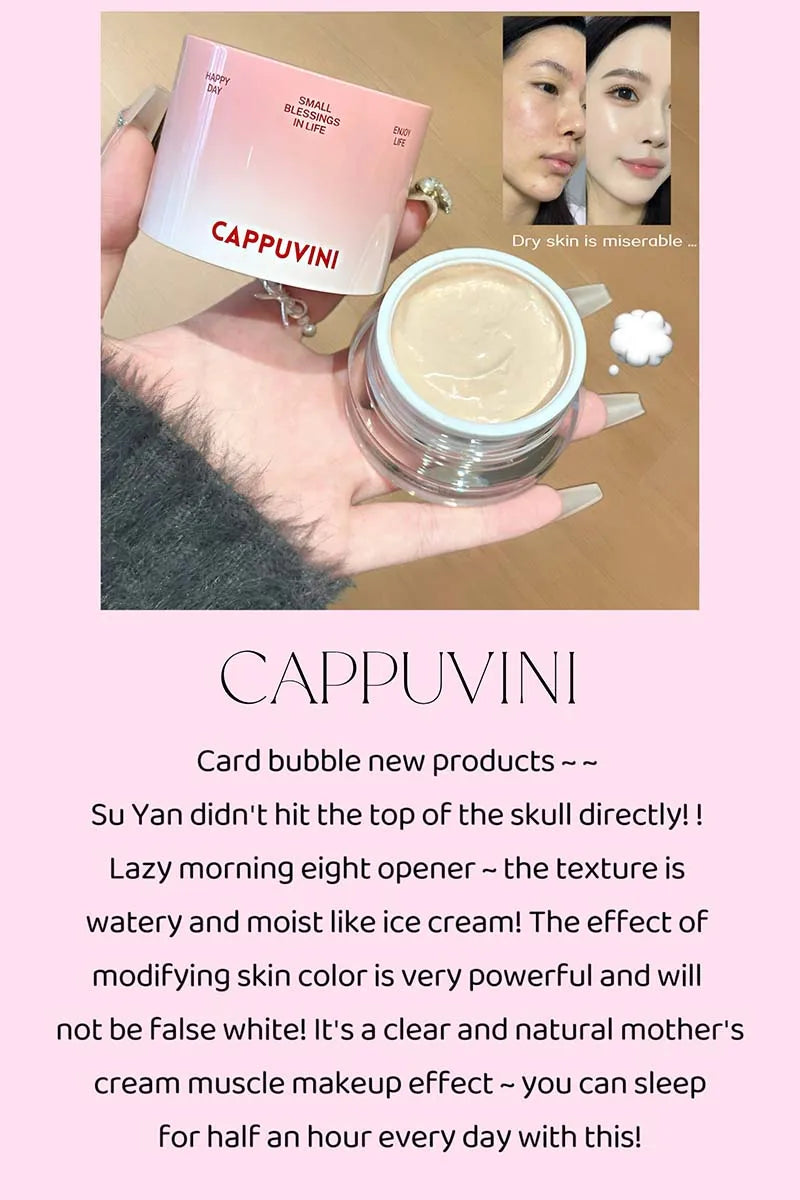 CAPPUVINI's radiant and clear natural cream with a creamy skin base creates a refreshing and smooth makeup look