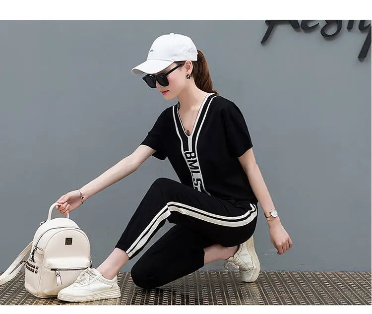 M&T Wear - Tracksuits Women 2 Pieces Sets Casual Short Sleeve V-Neck Pullover Tops Trousers Sportswear Suit 2025 New Elegant Female Clothes