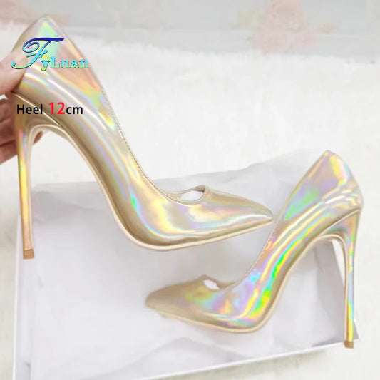 M&T Wear - New Party Banquet High Heels For Women Temperament Single Shoes 10CM 12CM Fashion Pointed Laser Holographic Summer Pumps