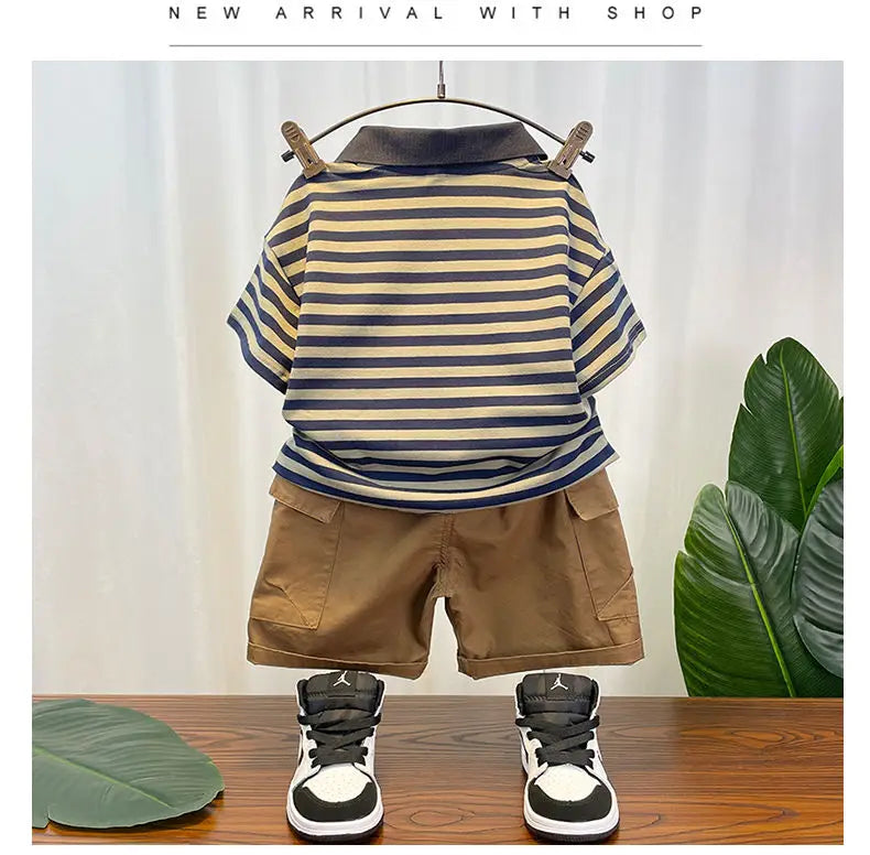 M&T Wear - Korean Children's Clothes 2025 Summer Kids Clothes Boys Outfits Baby Thin Short Sleeves Stripe Polo Shirt +Shorts Two Pieces Set