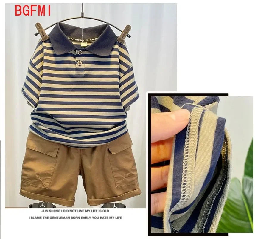 M&T Wear - Korean Children's Clothes 2025 Summer Kids Clothes Boys Outfits Baby Thin Short Sleeves Stripe Polo Shirt +Shorts Two Pieces Set