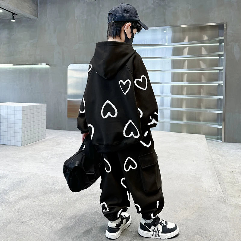 M&T Wear - Tracksuits for Kids 2025 Autumn Heart Print Casual School Boys Girls Hoodies+Pants Suits 5-14Years Teen Children Clothes Outfits