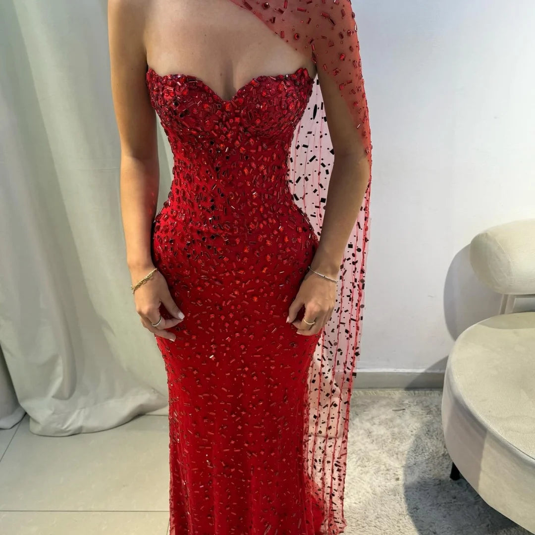 M&T Wear - Sansa Customized Red Mermaid Glitter Strapless Prom Dresses Floor