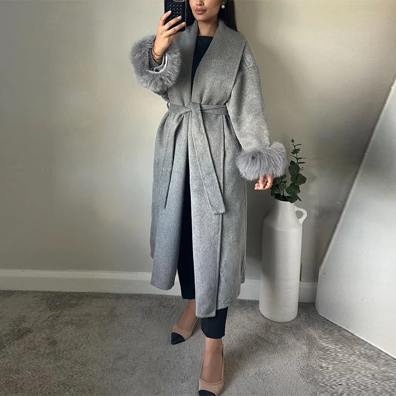 Elegant Solid Long Overcoat Women Turn-down Collar Lace Up Full Sleeve Classic Warm Coat 2025 New Lady Autumn Winter Casual Wear
