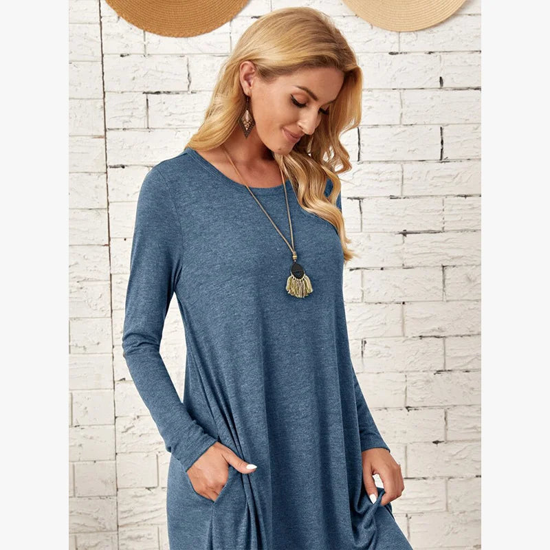 Women's 2025 Fall Winter Knit Dress - Solid Color Swing Dress with Side Pockets, Casual A-Line Tunic Dress