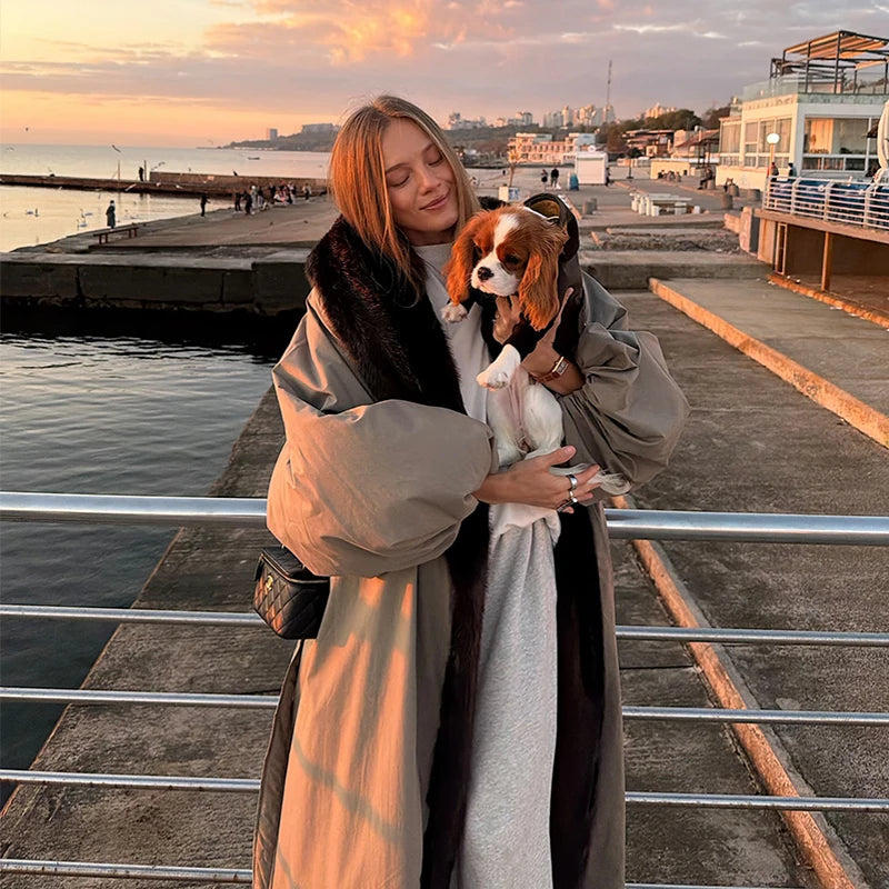 M&T Wear - Oversize Faux Fur Collar Lace-Up Fashion Long Coat