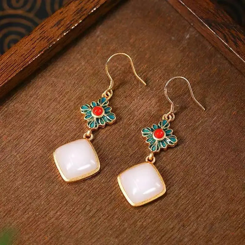 M&T Wear - Vintage Gilded Enamel Water-Drop Jade Earrings