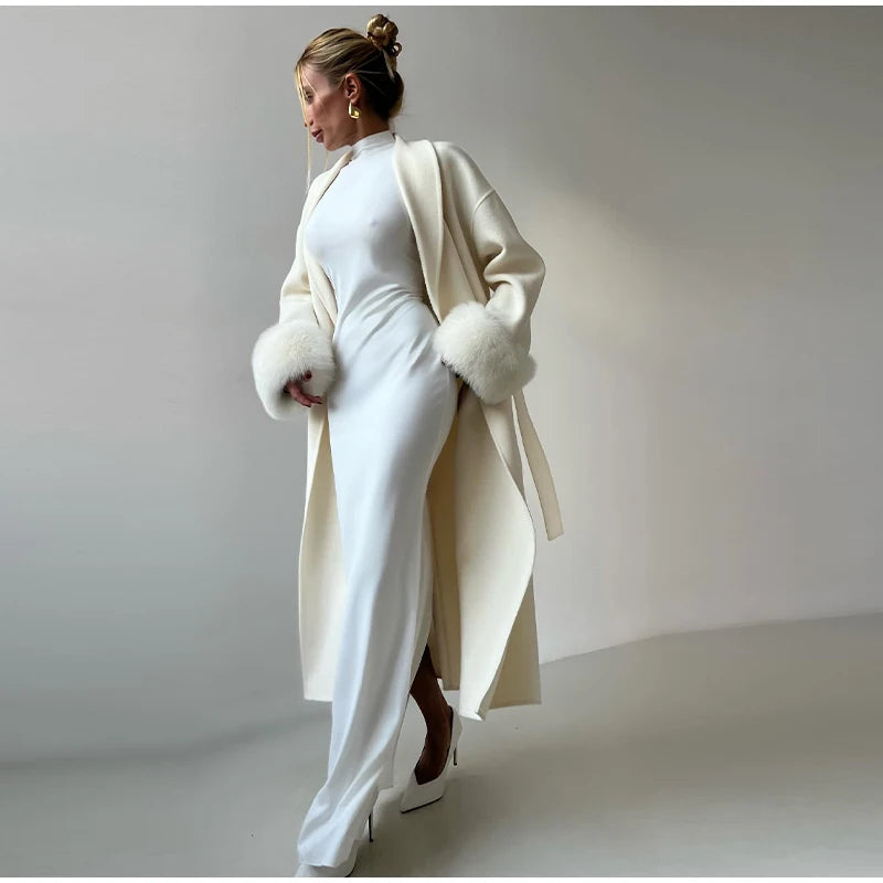 Elegant Solid Long Overcoat Women Turn-down Collar Lace Up Full Sleeve Classic Warm Coat 2025 New Lady Autumn Winter Casual Wear