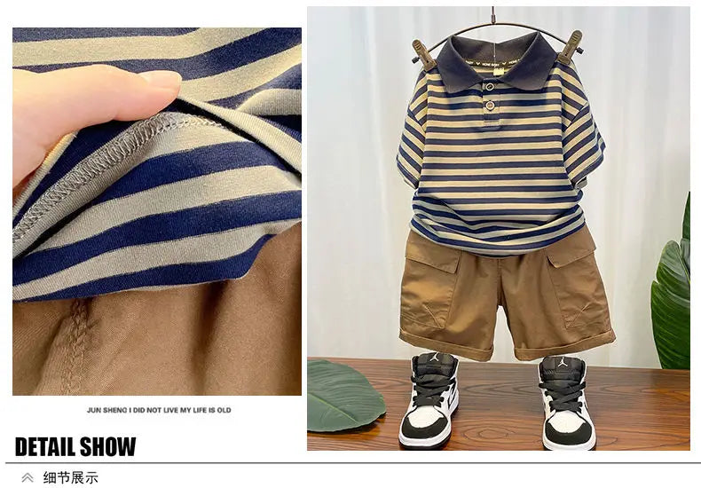 M&T Wear - Korean Children's Clothes 2025 Summer Kids Clothes Boys Outfits Baby Thin Short Sleeves Stripe Polo Shirt +Shorts Two Pieces Set