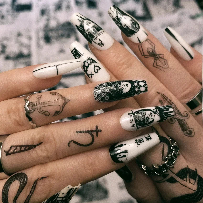 M&T Wear – 24PCS Black & White French Tips Press-On Nails with Anime Comics Design