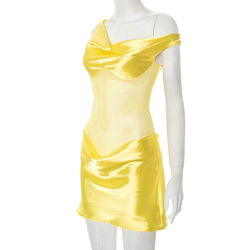 M&T Wear- Women's Summer New Arrival Faux Silk Patchwork Mesh Off-The-Shoulder Sleeveless Bodycon Dress Fashionable Elegant Dress