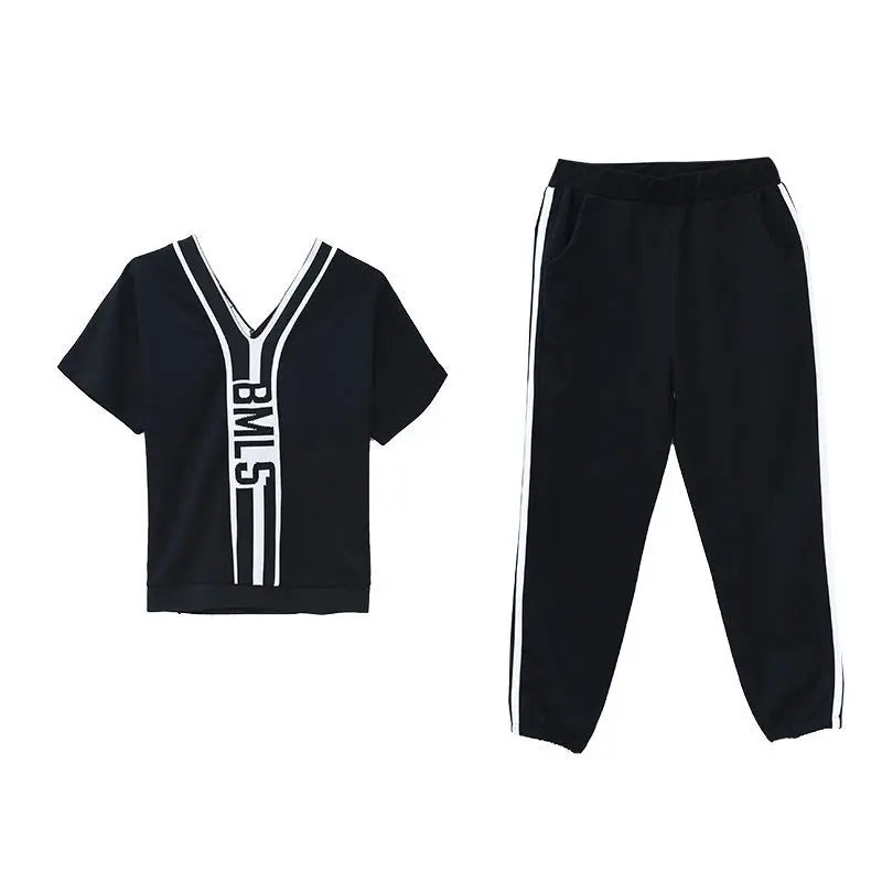 M&T Wear - Tracksuits Women 2 Pieces Sets Casual Short Sleeve V-Neck Pullover Tops Trousers Sportswear Suit 2025 New Elegant Female Clothes