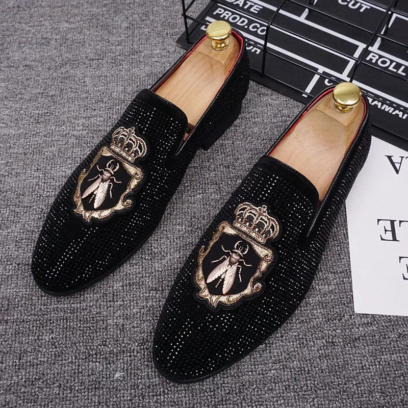 M&T Wear - New Shoes for Men Leather Casual Shoes Luxury Pointed Toe Party Dress Shoes Street Trend Slip-on Rhinestone Crown Loafers