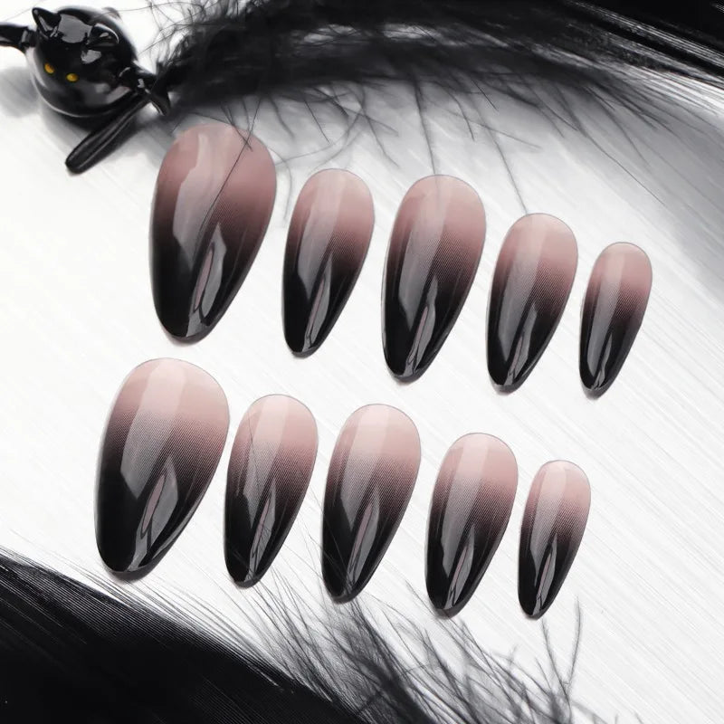 M&T Wear – 24PCS Almond Fake Press-On Nails | Halloween Black French Gradient Design