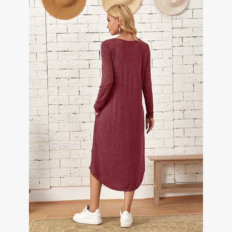 Women's 2025 Fall Winter Knit Dress - Solid Color Swing Dress with Side Pockets, Casual A-Line Tunic Dress