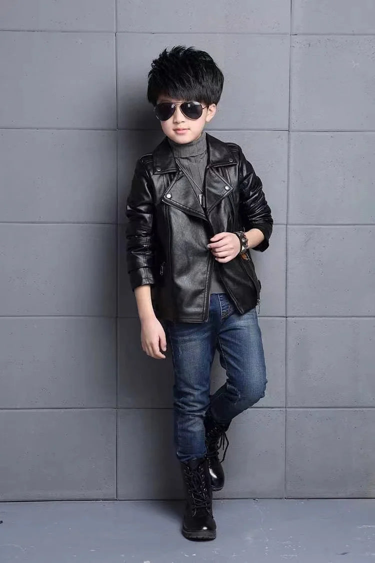 M&T Wear -  faux leather Jacket Children PU Coat Long Sleeve Zip Belt Locomotive Jacket Stylish Teen Kids Boys Jackets