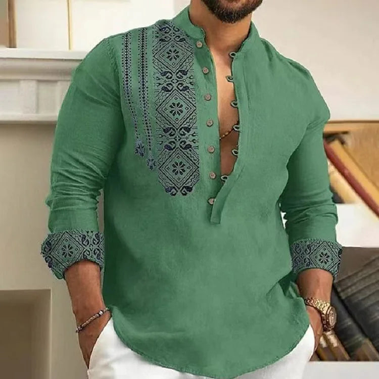M&T Wear - New Long-sleeved Stand Collar Trendy Half-cardigan Casual Thin Shirts for Men