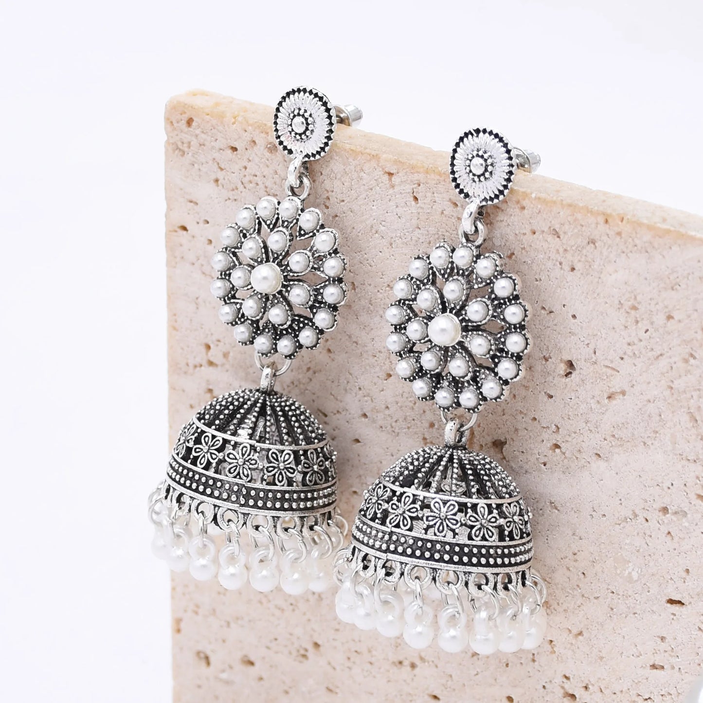 M&T Wear - Traditional Indian Jhumka Earrings for Women | Vintage Peacock Bell Design with Pearl Beads