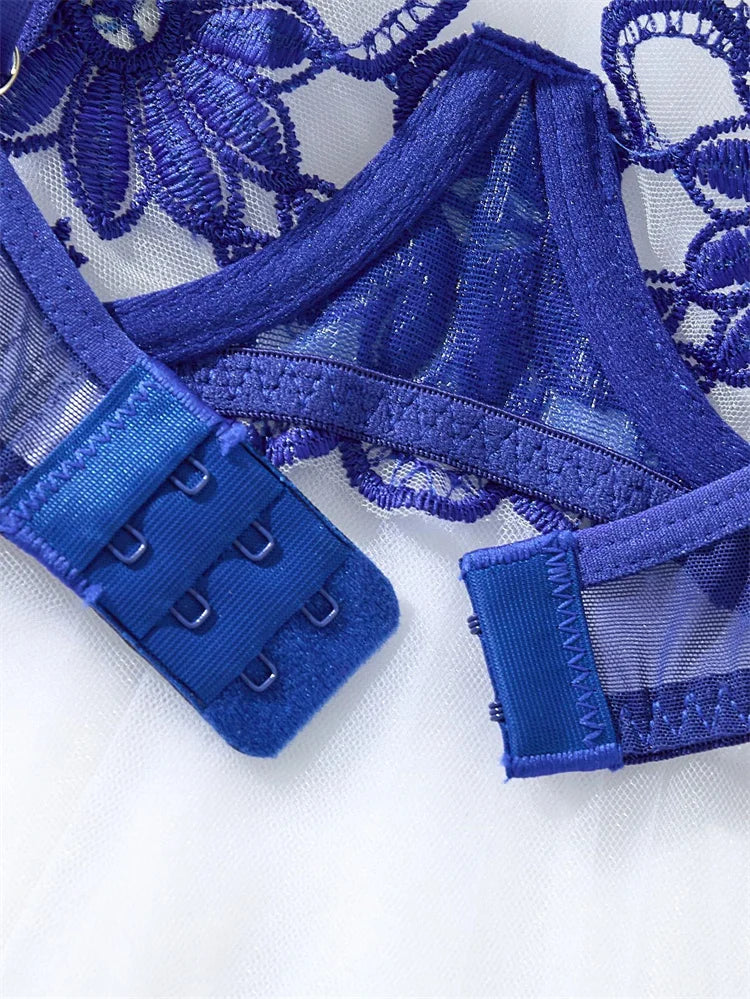 M&T Wear - Fairy Sexy Lingerie Floral Embroidery Wire Bra Set Deep Blue Mesh Underwear Transparent Lingerie Honeymoon Intimate Lingerie Set