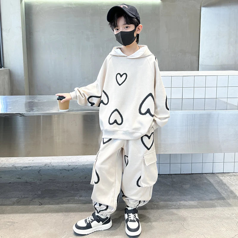 M&T Wear - Tracksuits for Kids 2025 Autumn Heart Print Casual School Boys Girls Hoodies+Pants Suits 5-14Years Teen Children Clothes Outfits