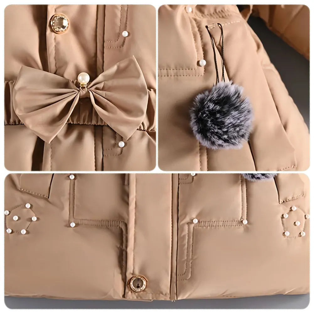 M&T Wear - Children's Winter Jacket Thick Warm Fur Collar Hood Beads Elastic Waist Teens Girls Down Coat,Fashion Windproof Kids Overcoat