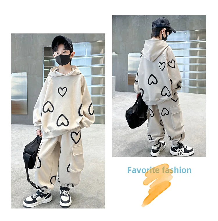 M&T Wear - Tracksuits for Kids 2025 Autumn Heart Print Casual School Boys Girls Hoodies+Pants Suits 5-14Years Teen Children Clothes Outfits