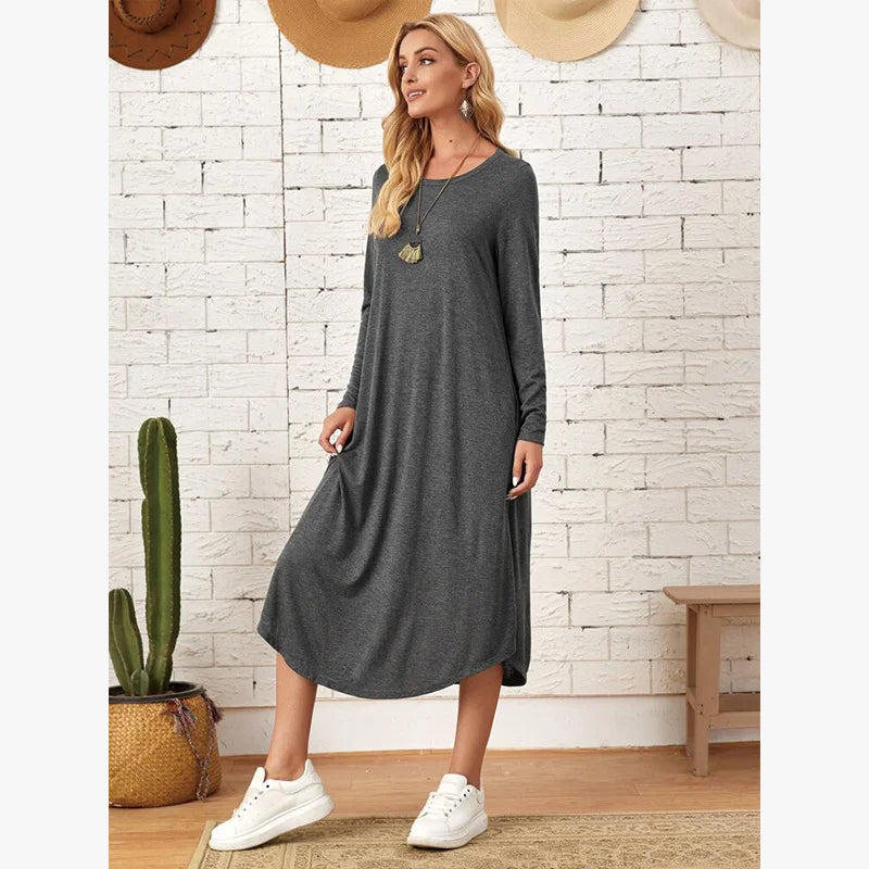 Women's 2025 Fall Winter Knit Dress - Solid Color Swing Dress with Side Pockets, Casual A-Line Tunic Dress