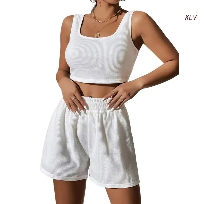 M&T Wear - Women Tracksuit Set 2 Piece Two Piece Outfits For Women Sexy Shorts Set Ribbed  Top And Shorts Set Lounge Set