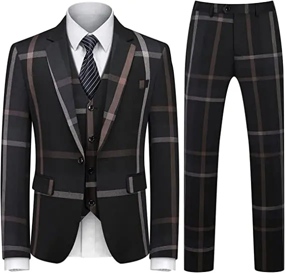 M&T Wear - Men’s 3-Piece Check Plaid Suit – Classic One Button Design