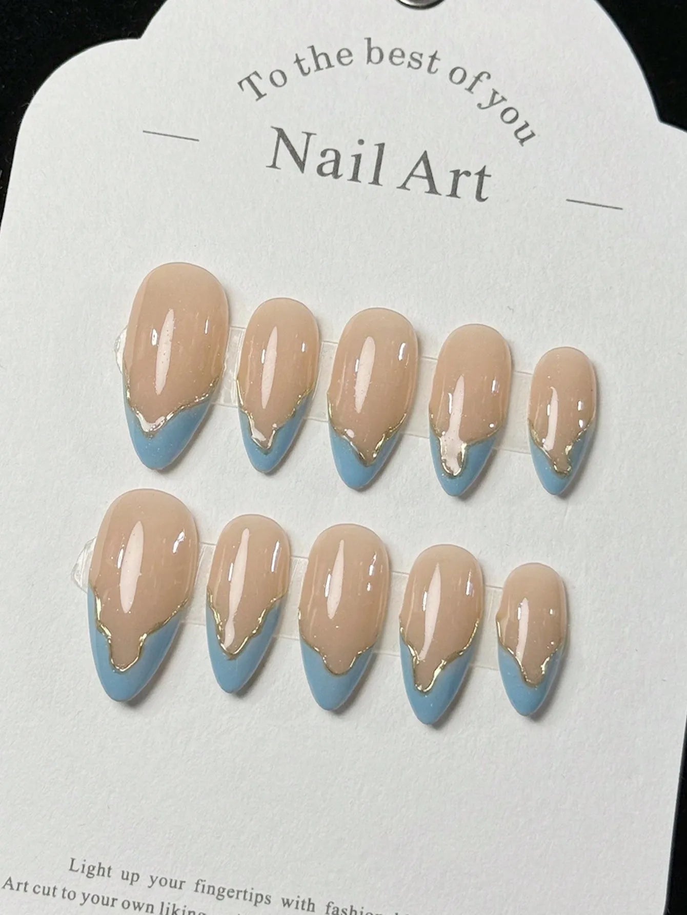 M&T Wear – 10PCS Handmade Fake Nails | Blue French Tips with Golden Accents