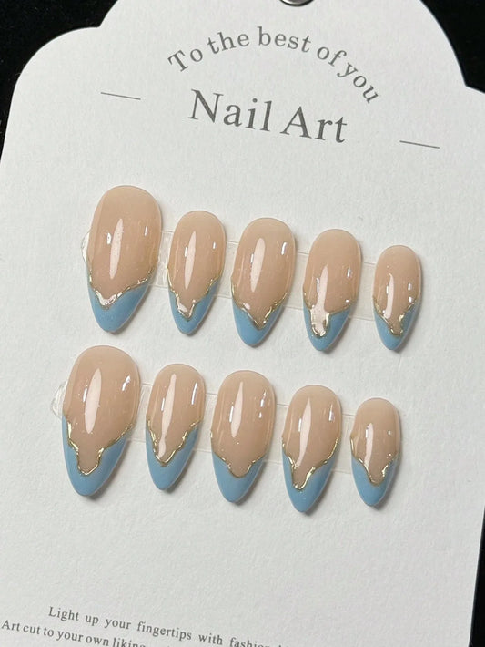 M&T Wear – 10PCS Handmade Fake Nails | Blue French Tips with Golden Accents