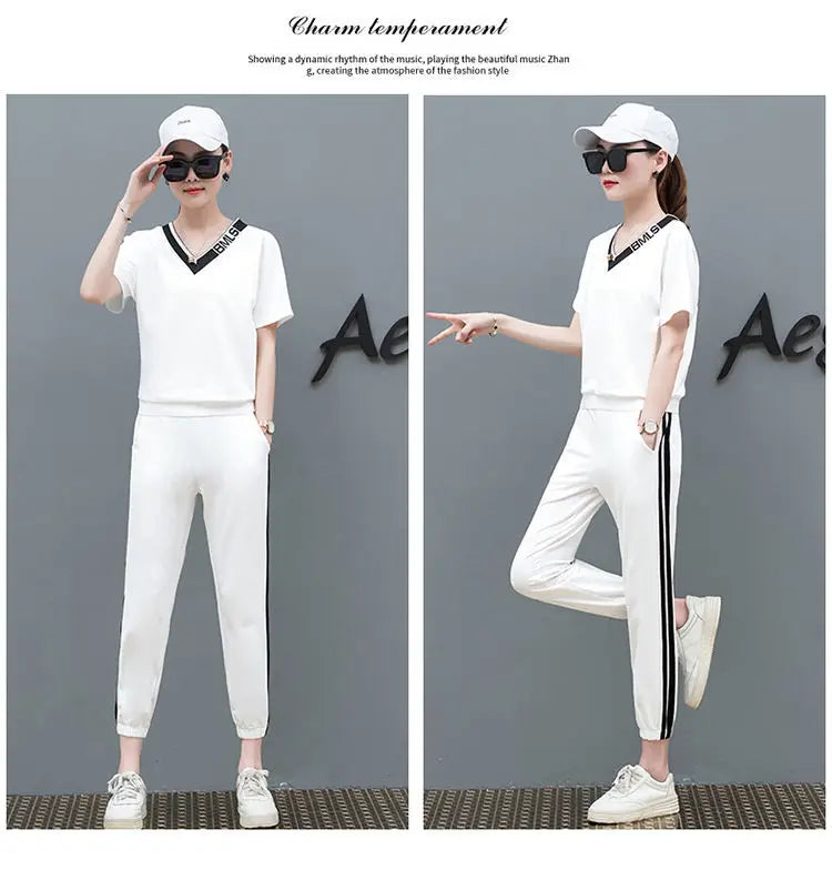 M&T Wear - Tracksuits Women 2 Pieces Sets Casual Short Sleeve V-Neck Pullover Tops Trousers Sportswear Suit 2025 New Elegant Female Clothes