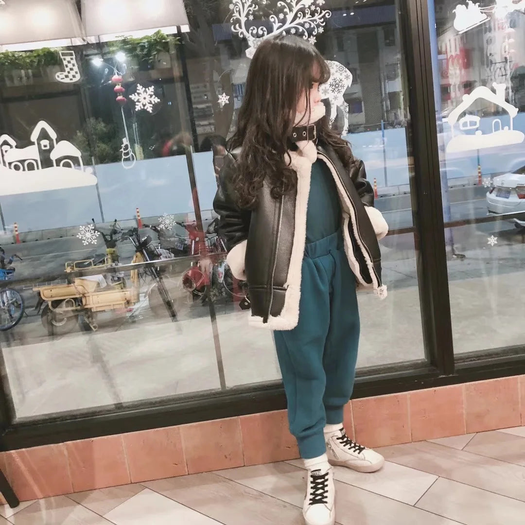 M&T Wear - Girls Jacket Leather Motorcycle Kids Coats Fleece Children Jacket Winter Autumn