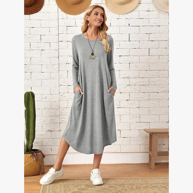 Women's 2025 Fall Winter Knit Dress - Solid Color Swing Dress with Side Pockets, Casual A-Line Tunic Dress