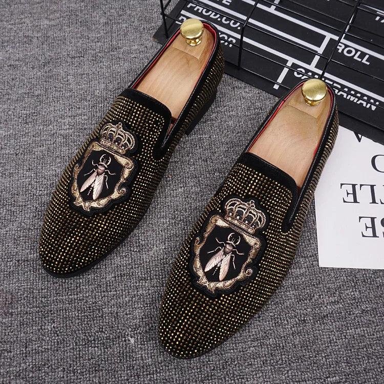 M&T Wear - New Shoes for Men Leather Casual Shoes Luxury Pointed Toe Party Dress Shoes Street Trend Slip-on Rhinestone Crown Loafers