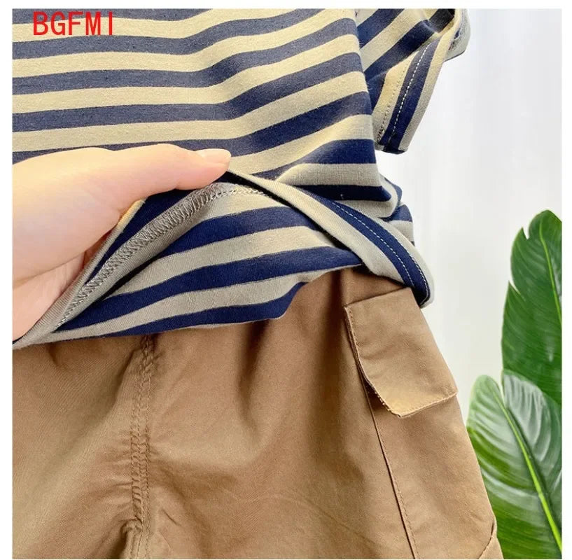 M&T Wear - Korean Children's Clothes 2025 Summer Kids Clothes Boys Outfits Baby Thin Short Sleeves Stripe Polo Shirt +Shorts Two Pieces Set