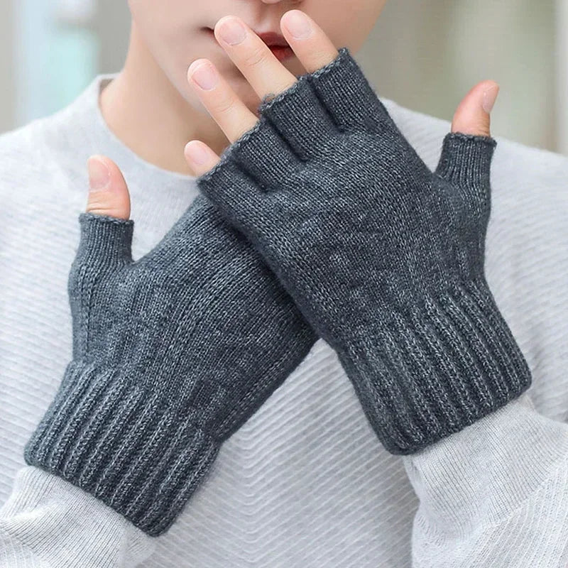 M&T Wear - Winter Gloves For Men Half Finger Writing Office Cycling Knitted Gloves Students Alpaca Wool Warm Thick Elastic Driving Gloves