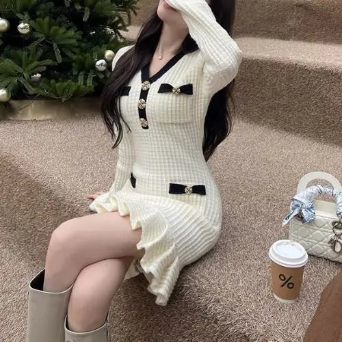 M&T Wear - Elegant V-Neck Slim Fit Knit Mini Dress