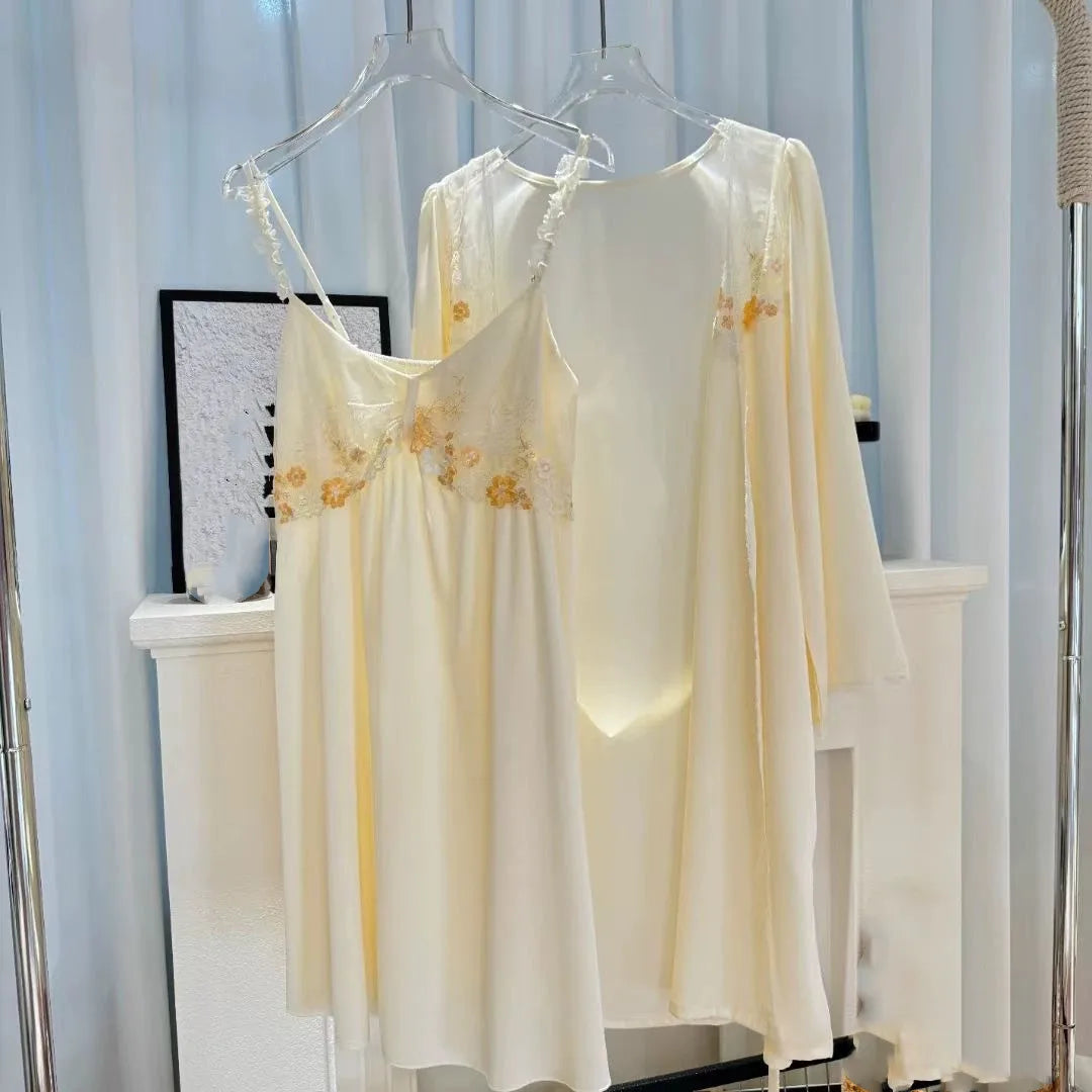 M&T Wear - Female Nighty & Robe Set Sexy Embroidery Lace Nightgown Home Dress Summer Sleepwear Silky Thin Rayon Loungewear q