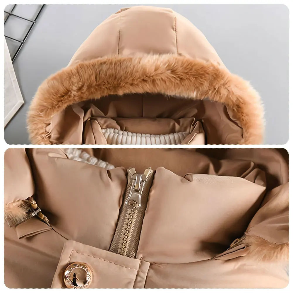 M&T Wear - Children's Winter Jacket Thick Warm Fur Collar Hood Beads Elastic Waist Teens Girls Down Coat,Fashion Windproof Kids Overcoat