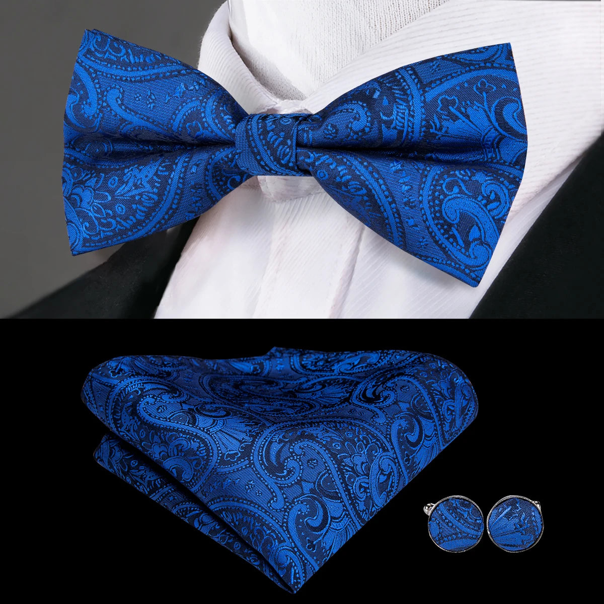 Hi-Tie 60 Color Classic Bow Ties for Men Silk Butterfly Pre-Tied Male Bowtie Pocket Square Cufflinks Set Jacquard Paisley Floral